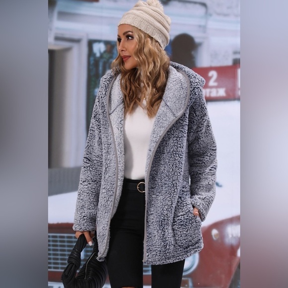 Open Front Hooded Sherpa Jacket with Pockets Gray - Picture 1 of 4